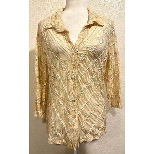 Studio 1940 Lace Beige Collared Button Down Collared Blouse